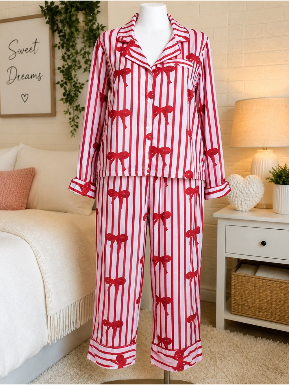 Girls' Red & White Striped Bow Pajama Set